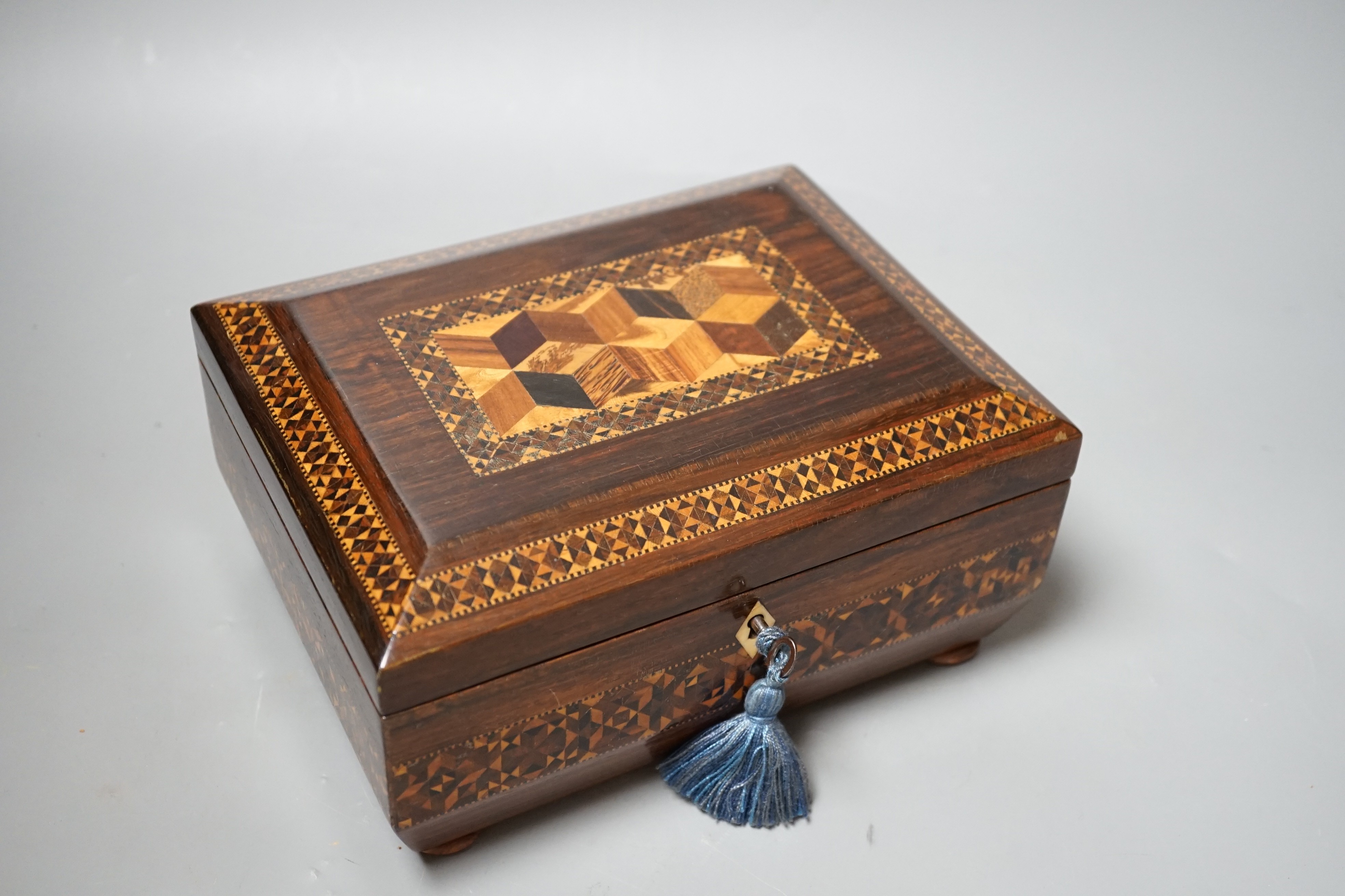 A Tunbridge ware rosewood perspective cube marquetry and half square mosaic sewing box, c.1830, 22cm wide